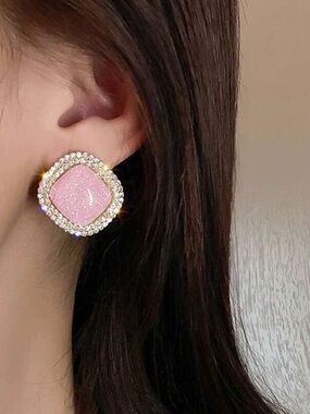 Kohl's Pink Crystal Square Stud Earrings with Gold Tone and Rhinestone Halo